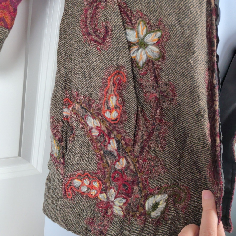 Patchwork Earthy Goblincore Wool Embroidered Jacket PXS Red Brown Paisley - Picture 3 of 10